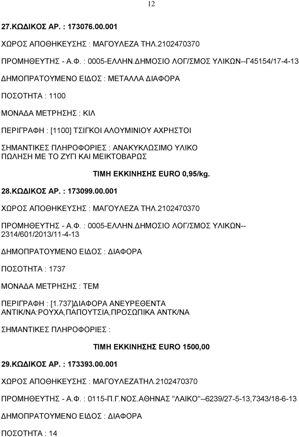 ΥΛΙΚΟ ΠΩΛΗΣΗ ΜΕ ΤΟ ΖΥΓΙ ΚΑΙ ΜΕΙΚΤΟΒΑΡΩΣ 28.ΚΩΔΙΚΟΣ ΑΡ. : 173099.00.001 ΤΙΜΗ ΕΚΚΙΝΗΣΗΣ EURO 0,95/kg. ΠΡΟΜΗΘΕΥΤΗΣ - Α.Φ. : 0005-ΕΛΛΗΝ.