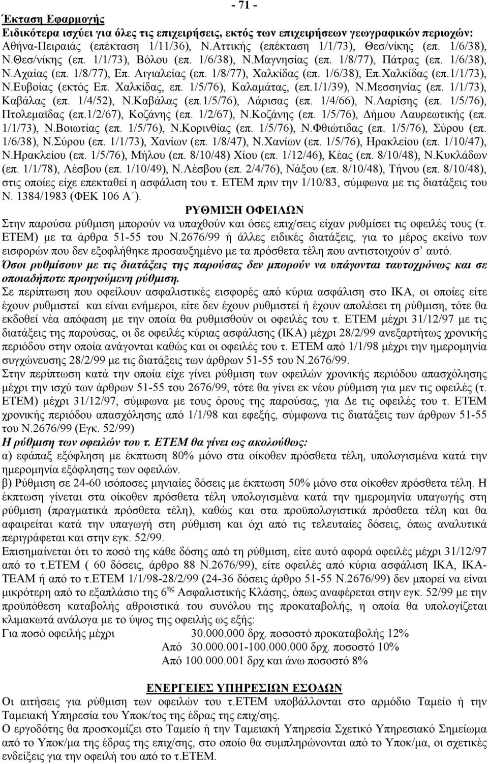 Ευβοίας (εκτός Επ. Χαλκίδας, επ. 1/5/76), Καλαμάτας, (επ.1/1/39), Ν.Μεσσηνίας (επ. 1/1/73), Καβάλας (επ. 1/4/52), Ν.Καβάλας (επ.1/5/76), Λάρισας (επ. 1/4/66), Ν.Λαρίσης (επ. 1/5/76), Πτολεμαϊδας (επ.