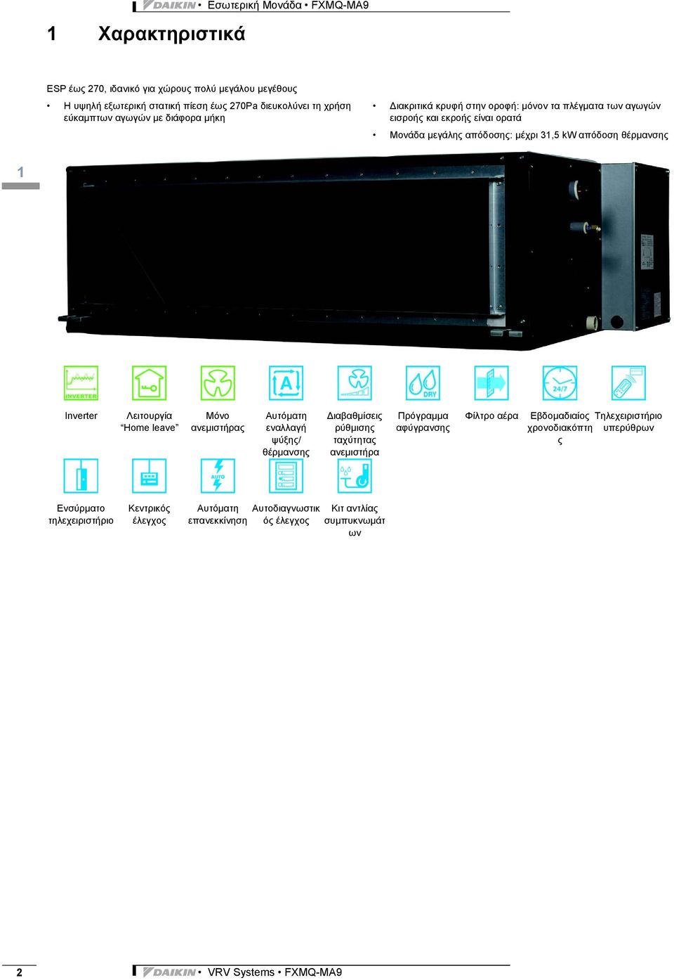 μέχρι 31,5 kw απόδοση θέρμανσης 1 Inverter Λειτουργία Home leave Μόνο ανεμιστήρας Αυτόματη εναλλαγή ψύξης/ θέρμανσης ιαβαθμίσεις ρύθμισης ταχύτητας ανεμιστήρα Πρόγραμμα αφύγρανσης Φίλτρο