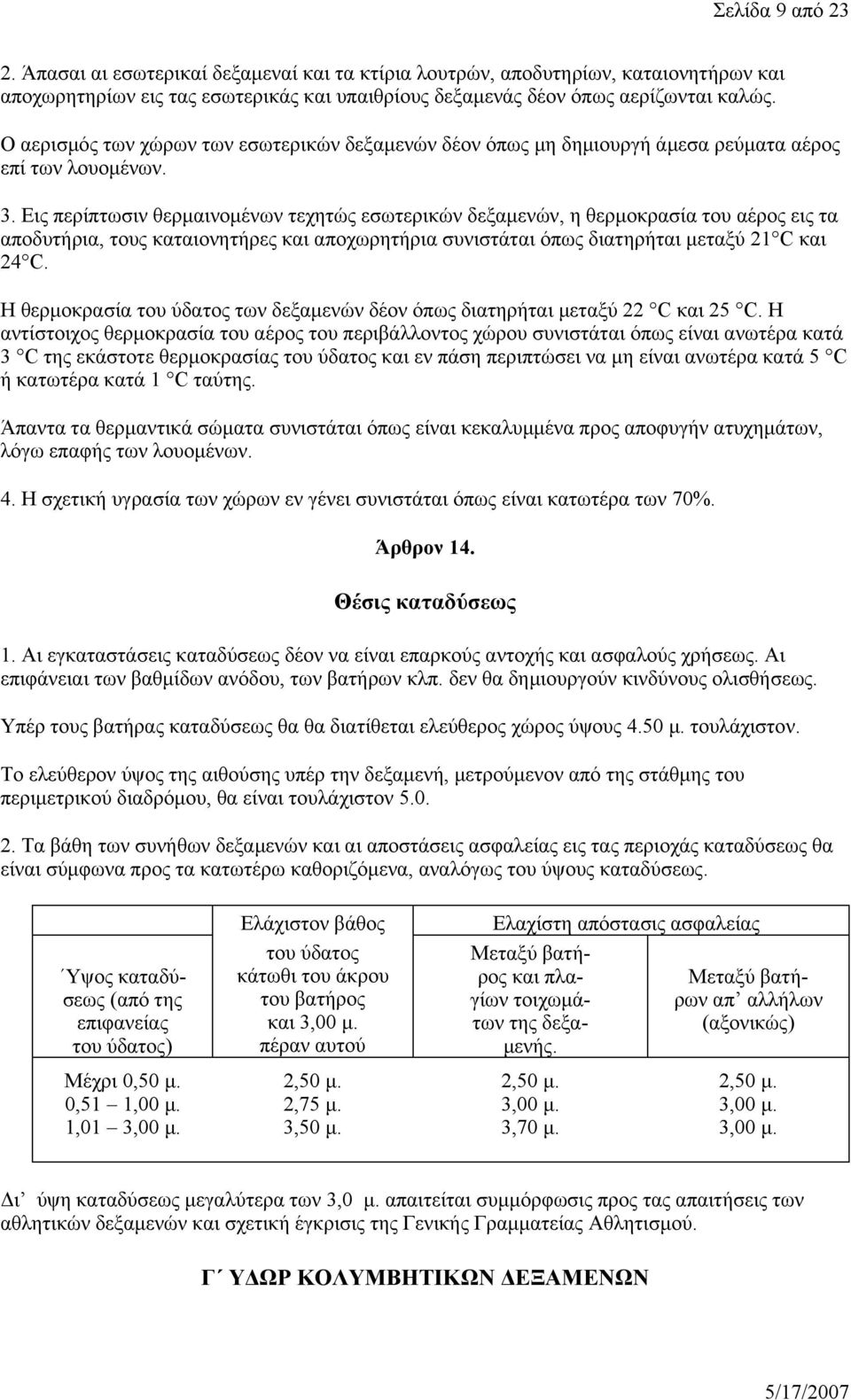 Εις περίπτωσιν θερμαινομένων τεχητώς εσωτερικών δεξαμενών, η θερμοκρασία του αέρος εις τα αποδυτήρια, τους καταιονητήρες και αποχωρητήρια συνιστάται όπως διατηρήται μεταξύ 21 C και 24 C.