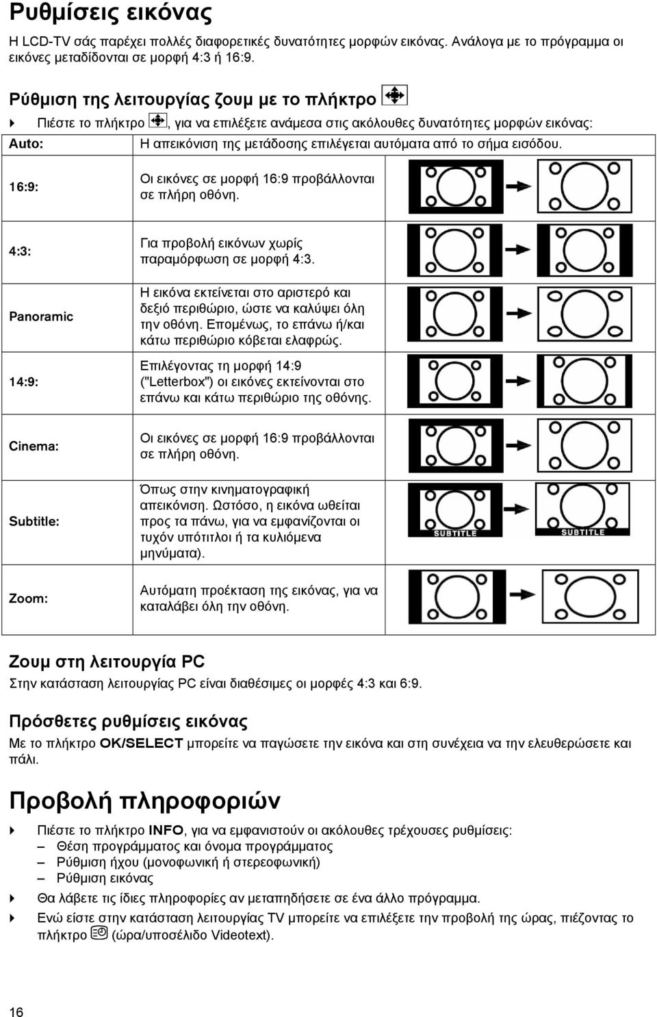 εισόδου. 16:9: Οι εικόνες σε μορφή 16:9 προβάλλονται σε πλήρη οθόνη. 4:3: Panoramic 14:9: Για προβολή εικόνων χωρίς παραμόρφωση σε μορφή 4:3.