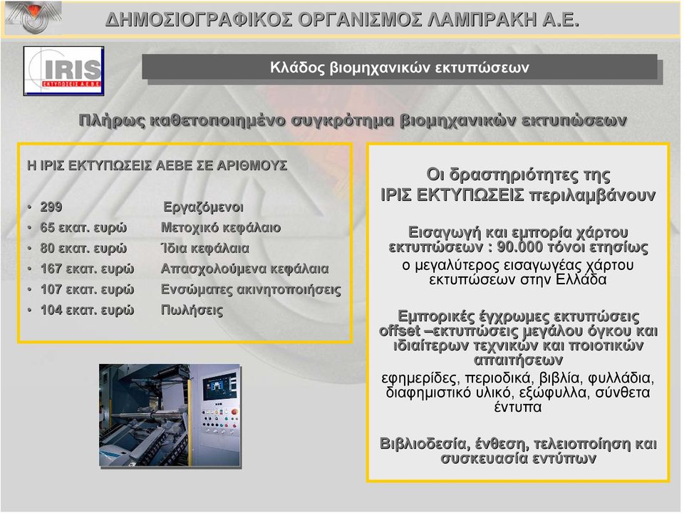 ευρώ Πωλήσεις Οι δραστηριότητες της ΙΡΙΣ ΕΚΤΥΠΩΣΕΙΣ περιλαμβάνουν Εισαγωγή και εμπορία χάρτου εκτυπώσεων : 90.