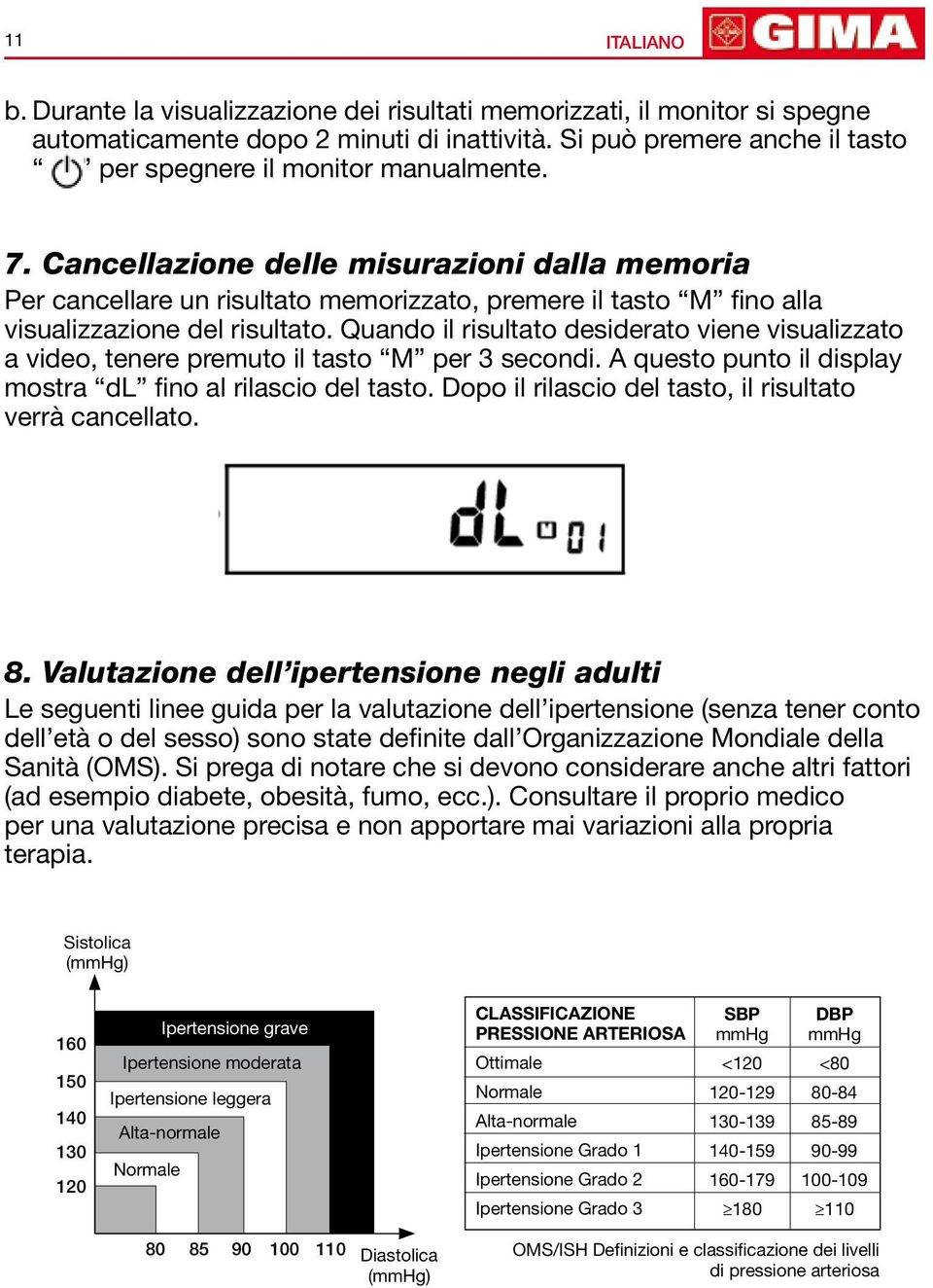 Quando il risultato desiderato viene visualiato a video, tenere premuto il tasto M per 3 secondi. A questo punto il display mostra dl fino al rilascio del tasto.