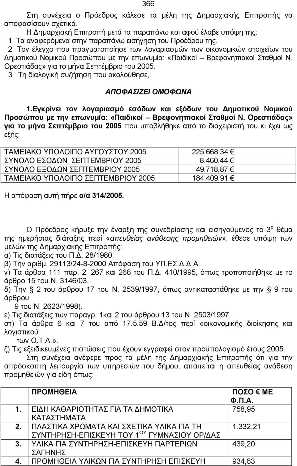 Τον έλεγχο που πραγματοποίησε των λογαριασμών των οικονομικών στοιχείων του Δημοτικού Νομικού Προσώπου με την επωνυμία: «Παιδικοί Βρεφονηπιακοί Σταθμοί Ν. Ορεστιάδας» για το μήνα Σεπτέμβριο του 2005.