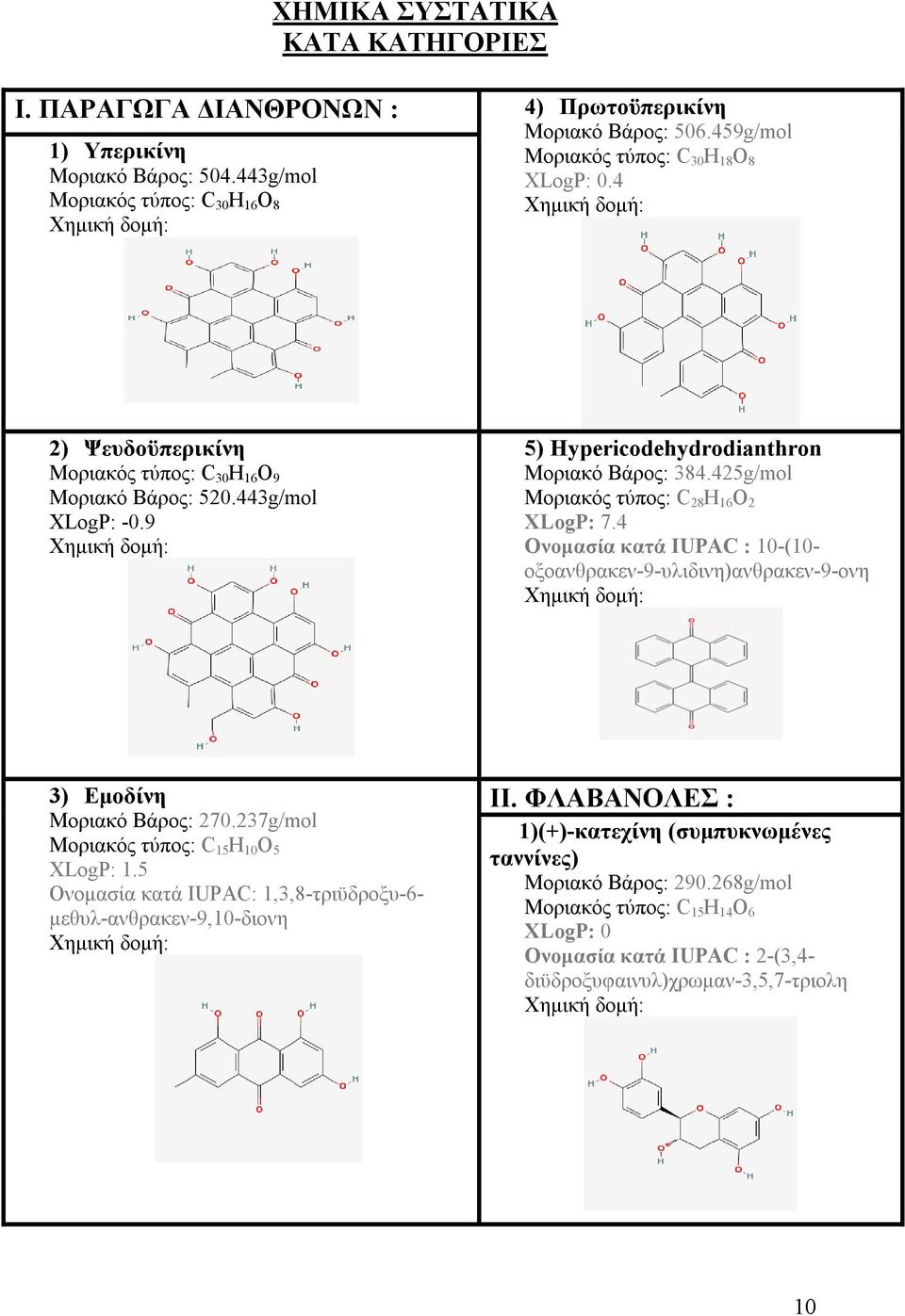 425g/mol Μοριακός τύπος: C 28 H 16 O 2 XLogP: 7.4 Ονομασία κατά IUPAC : 10-(10- οξοανθρακεν-9-υλιδινη)ανθρακεν-9-ονη 3) Εμοδίνη Μοριακό Βάρος: 270.237g/mol Μοριακός τύπος: C 15 H 10 O 5 XLogP: 1.