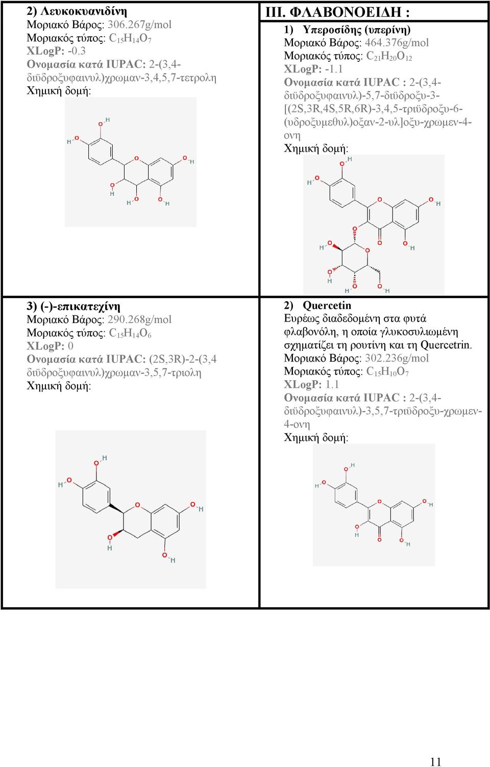 1 Ονομασία κατά IUPAC : 2-(3,4- διϋδροξυφαινυλ)-5,7-διϋδροξυ-3- [(2S,3R,4S,5R,6R)-3,4,5-τριϋδροξυ-6- (υδροξυμεθυλ)οξαν-2-υλ]οξυ-χρωμεν-4- ονη 3) (-)-επικατεχίνη Μοριακό Βάρος: 290.