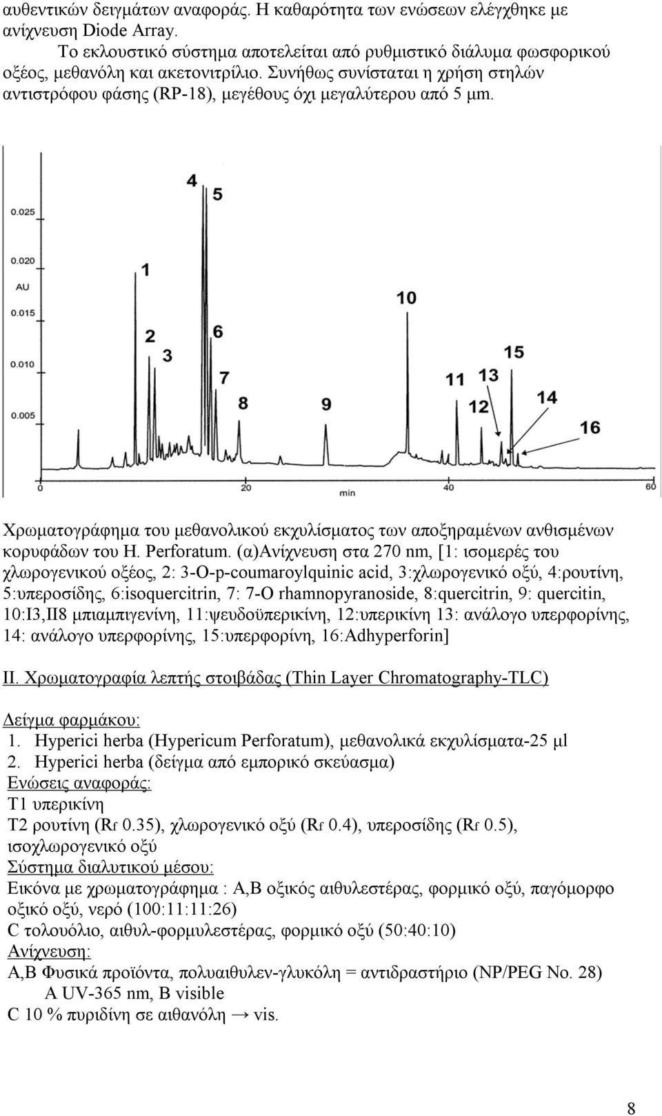 (α)ανίχνευση στα 270 nm, [1: ισομερές του χλωρογενικού οξέος, 2: 3-Ο-p-coumaroylquinic acid, 3:χλωρογενικό οξύ, 4:ρουτίνη, 5:υπεροσίδης, 6:isoquercitrin, 7: 7-O rhamnopyranoside, 8:quercitrin, 9: