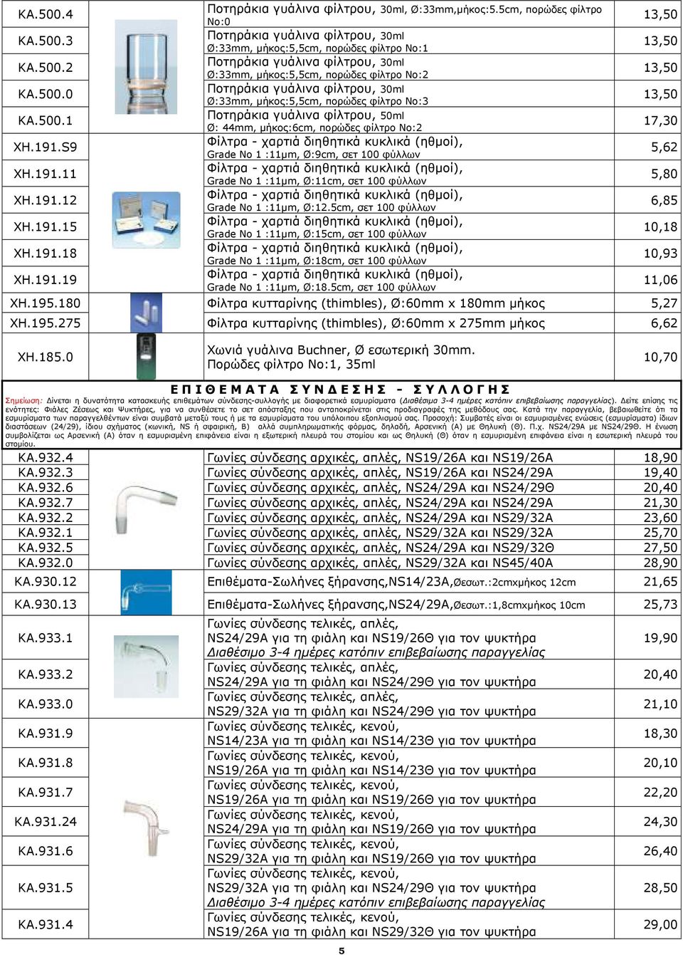 30ml Ø:33mm, µήκος:5,5cm, πορώδες φίλτρο Νο:3 Ποτηράκια γυάλινα φίλτρου, 50ml Ø: 44mm, µήκος:6cm, πορώδες φίλτρο Νο:2 Φίλτρα - χαρτιά διηθητικά κυκλικά (ηθµοί), Grade No 1 :11µm, Ø:9cm, σετ 100