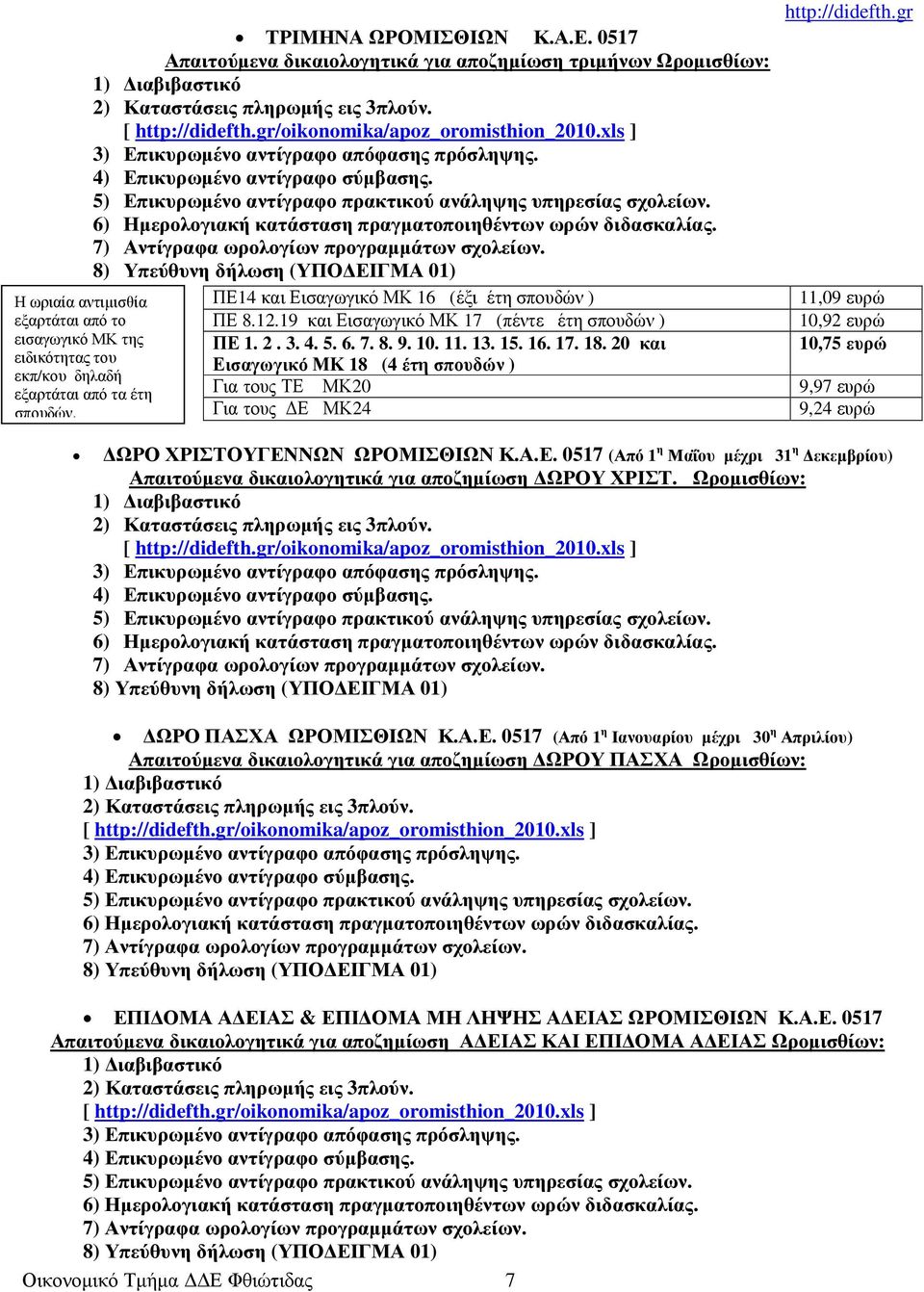 4) Επικυρωµένο αντίγραφο σύµβασης. 5) Επικυρωµένο αντίγραφο πρακτικού ανάληψης υπηρεσίας σχολείων. 6) Ηµερολογιακή κατάσταση πραγµατοποιηθέντων ωρών διδασκαλίας.