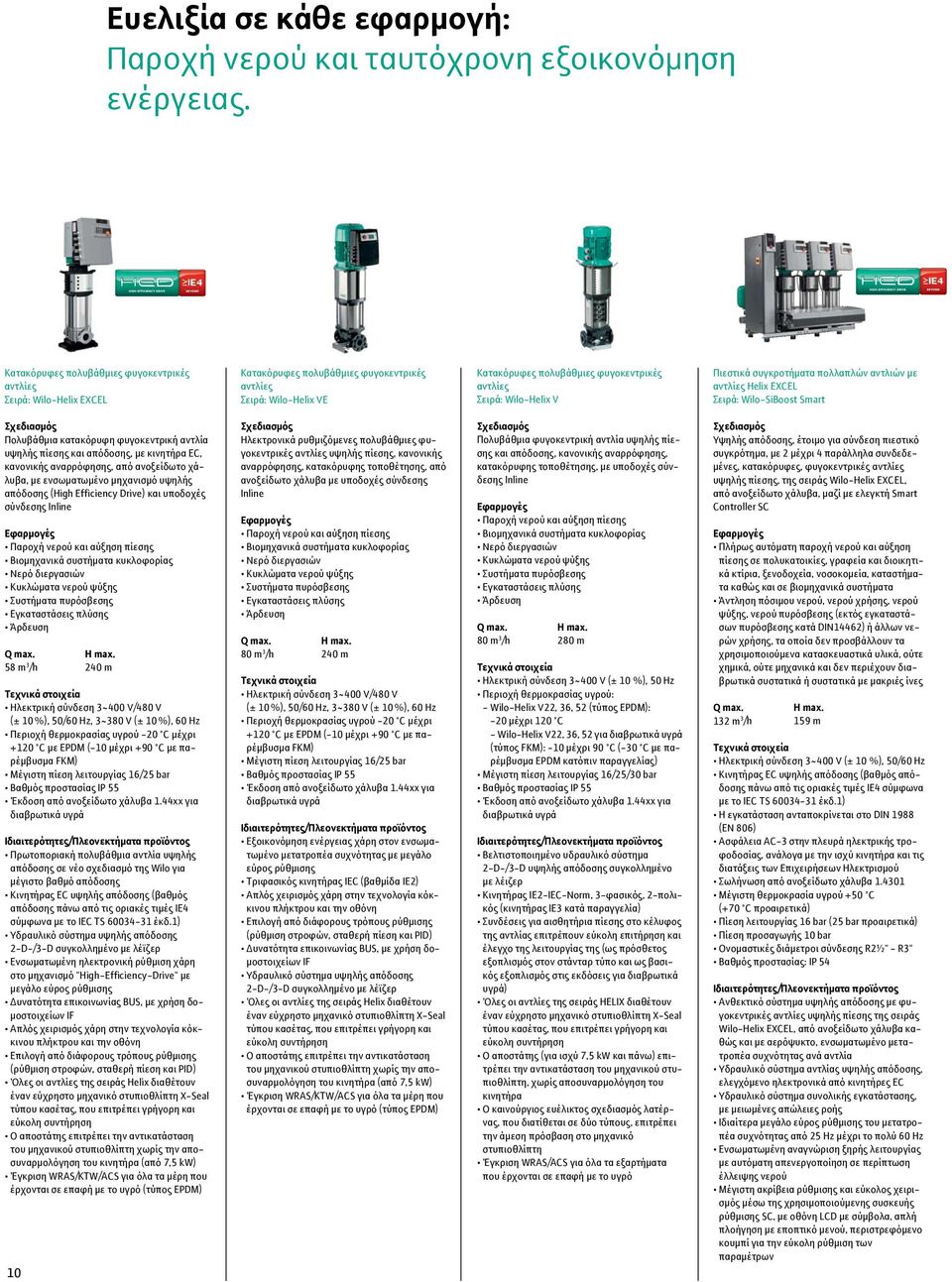 Wilo-Helix V Πιεστικά συγκροτήματα πολλαπλών αντλιών με αντλίες Helix EXCEL Σειρά: Wilo-SiBoost Smart Σχεδιασμός Πολυβάθμια κατακόρυφη φυγοκεντρική αντλία υψηλής πίεσης και απόδοσης, με κινητήρα EC,