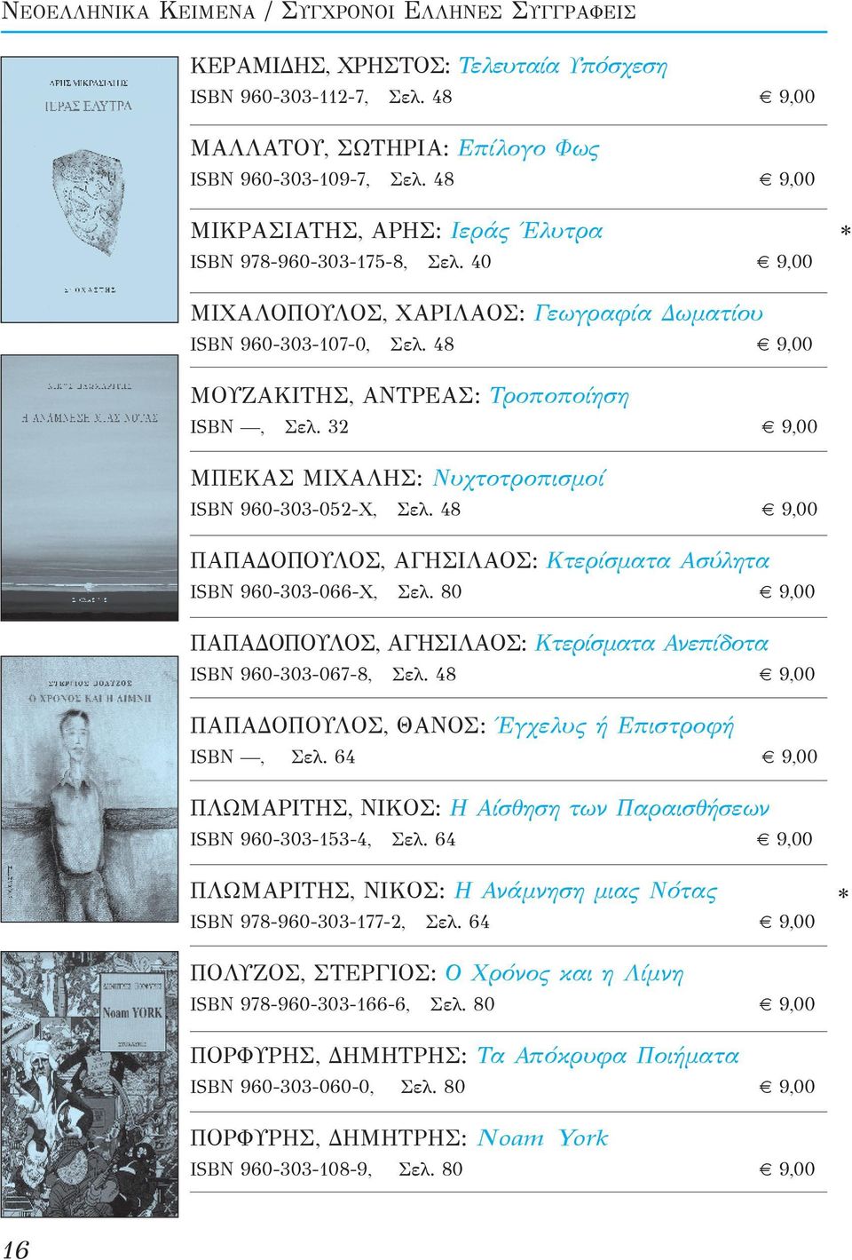 32 9,00 ΜΠΕΚΑΣ ΜΙΧΑΛΗΣ: Νυχτοτροπισμοί ISBN 960-303-052-Χ, Σελ. 48 9,00 ΠΑΠΑΔΟΠΟΥΛΟΣ, ΑΓΗΣΙΛΑΟΣ: Κτερίσματα Ασύλητα ISBN 960-303-066-Χ, Σελ.