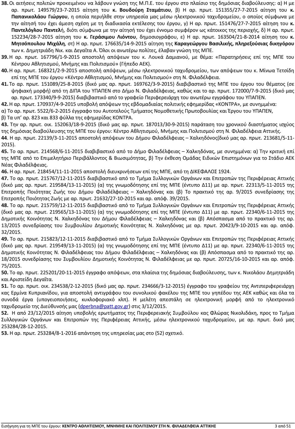 151476/27-7-2015 αίτηση του κ. Παντελόγλου Παντελή, διότι σύμφωνα με την αίτησή του έχει έννομο συμφέρον ως κάτοικος της περιοχής, δ) Η αρ. πρωτ. 152234/28-7-2015 αίτηση του κ.