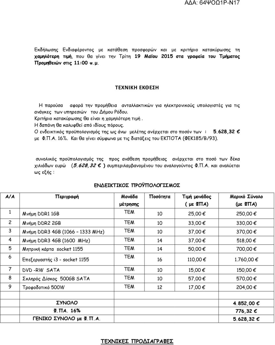 Και θα γίνει σύµφωνα µε τις διατάξεις του ΕΚΠΟΤΑ (ΦΕΚ185/Β/93). συνολικός προϋπολογισµός της προς ανάθεση προµήθειας ανέρχεται στο ποσό των δέκα χιλιάδων ευρώ (5.