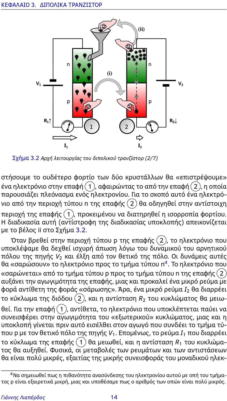 πλεόνασμα ενός ηλεκτρονίου. Για το σκοπό αυτό ένα ηλεκτρόνιο από την περιοχή τύπου n της επαφής 2 θα οδηγηθεί στην αντίστοιχη περιοχή της επαφής 1, προκειμένου να διατηρηθεί η ισορροπία φορτίου.