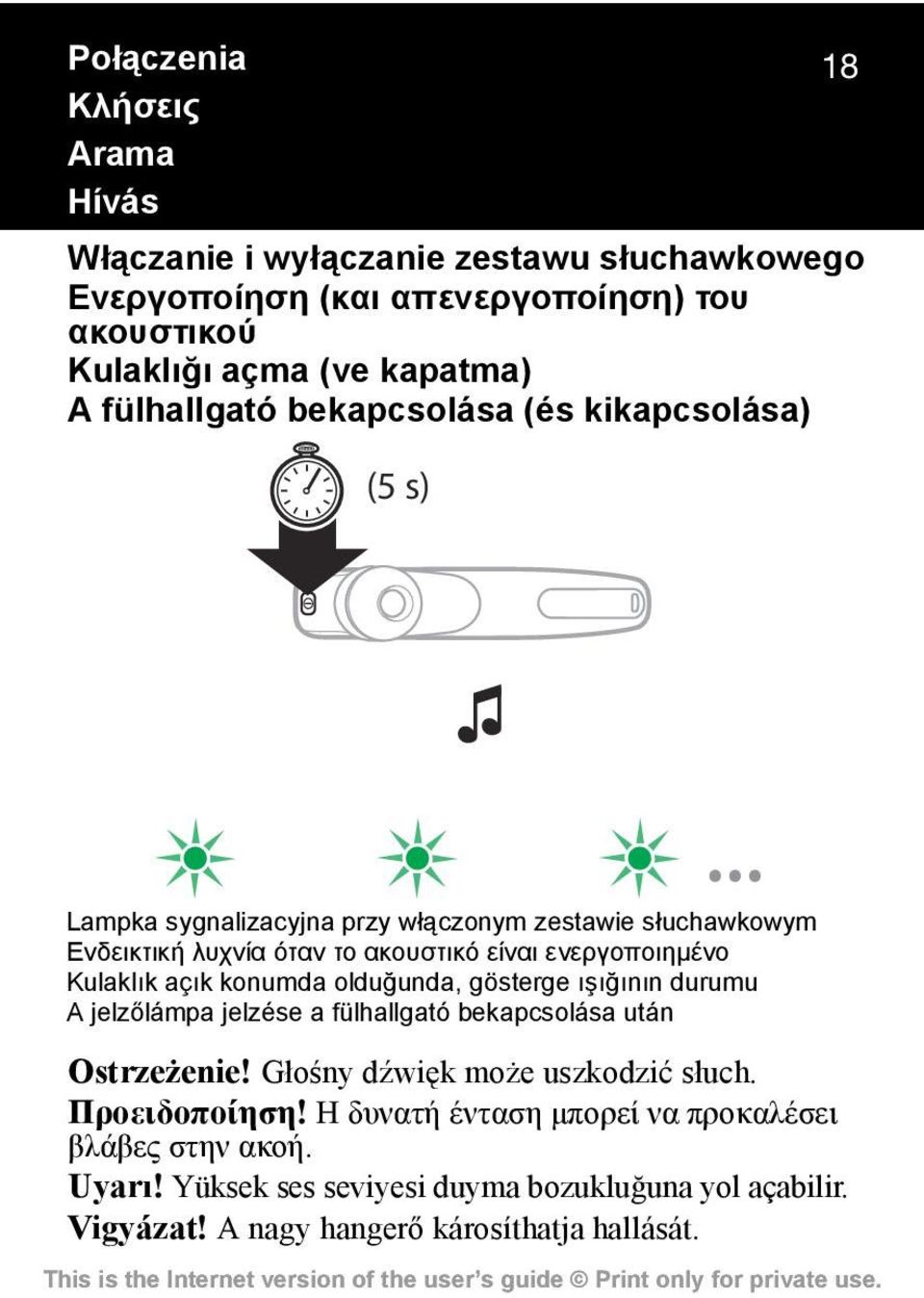 Kulaklõk açõk konumda olduğunda, gösterge õşõğõnõn durumu A jelzőlámpa jelzése a fülhallgató bekapcsolása után Ostrzeżenie! Głośny dźwięk może uszkodzić słuch.