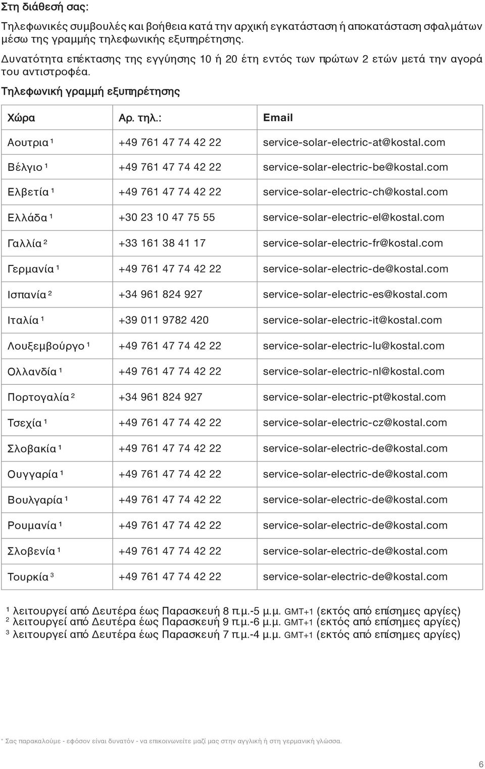 : Email Aουτρια ¹ +49 761 47 74 42 22 service-solar-electric-at@kostal.com Βέλγιο ¹ +49 761 47 74 42 22 service-solar-electric-be@kostal.