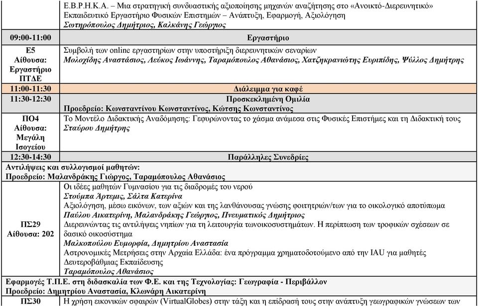 Γεώργιος 09:00-11:00 Εργαστήριο Ε5 Εργαστήριο ΠΤΔΕ Συμβολή των online εργαστηρίων στην υποστήριξη διερευνητικών σεναρίων Μολοχίδης Αναστάσιος, Λεύκος Ιωάννης, Ταραμόπουλος Αθανάσιος, Χατζηκρανιώτης