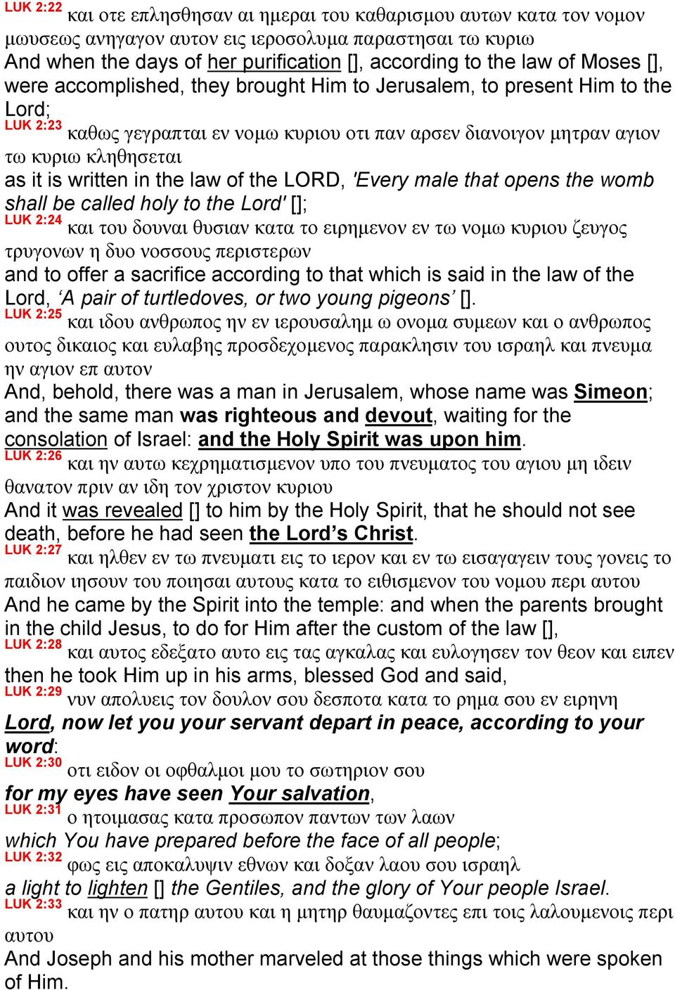 written in the law of the LORD, 'Every male that opens the womb shall be called holy to the Lord' []; LUK 2:24 και του δουναι θυσιαν κατα το ειρημενον εν τω νομω κυριου ζευγος τρυγονων η δυο νοσσους