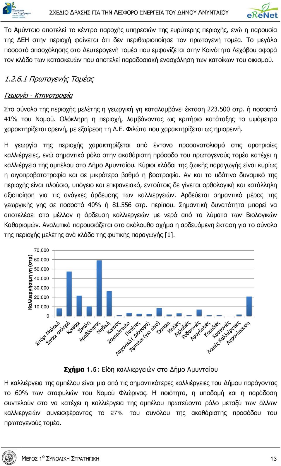 1 Πρωτογενής Τομέας Γεωργία - Κτηνοτροφία Στο σύνολο της περιοχής μελέτης η γεωργική γη καταλαμβάνει έκταση 223.500 στρ. ή ποσοστό 41% του Νομού.