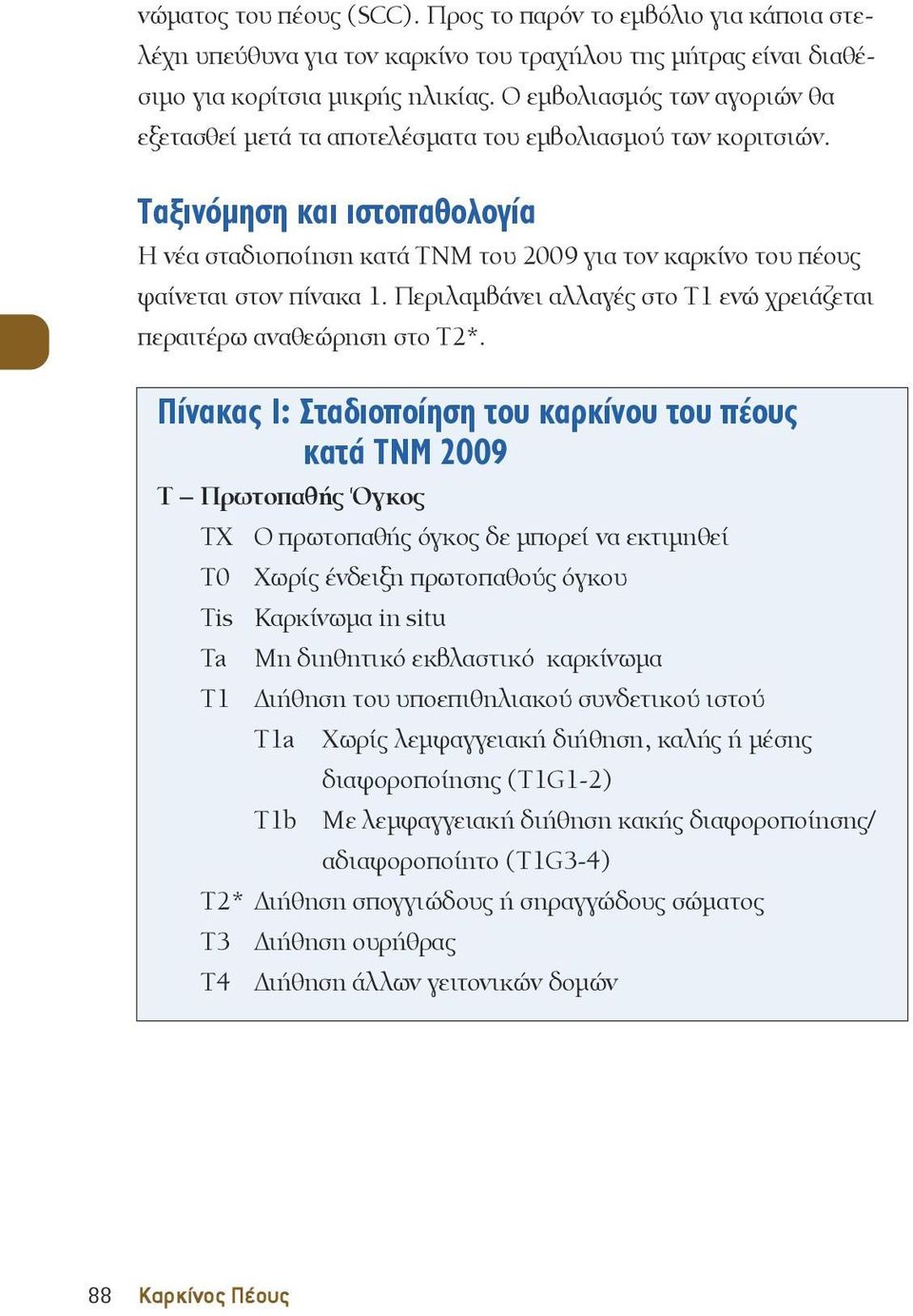 Ταξινόμηση και ιστοπαθολογία Η νέα σταδιοποίηση κατά ΤΝΜ του 2009 για τον καρκίνο του πέους φαίνεται στον πίνακα 1. Περιλαμβάνει αλλαγές στο Τ1 ενώ χρειάζεται περαιτέρω αναθεώρηση στο Τ2*.