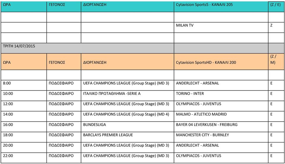 14:00 ΠΟΔΟΣΦΑΙΡΟ UEFA CHAMPIONS LEAGUE (Group Stage) (MD 4) MALMO ATLETICO MADRID E 16:00 ΠΟΔΟΣΦΑΙΡΟ BUNDESLIGA BAYER 04 LEVERKUSEN FREIBURG E 18:00 ΠΟΔΟΣΦΑΙΡΟ BARCLAYS PREMIER LEAGUE