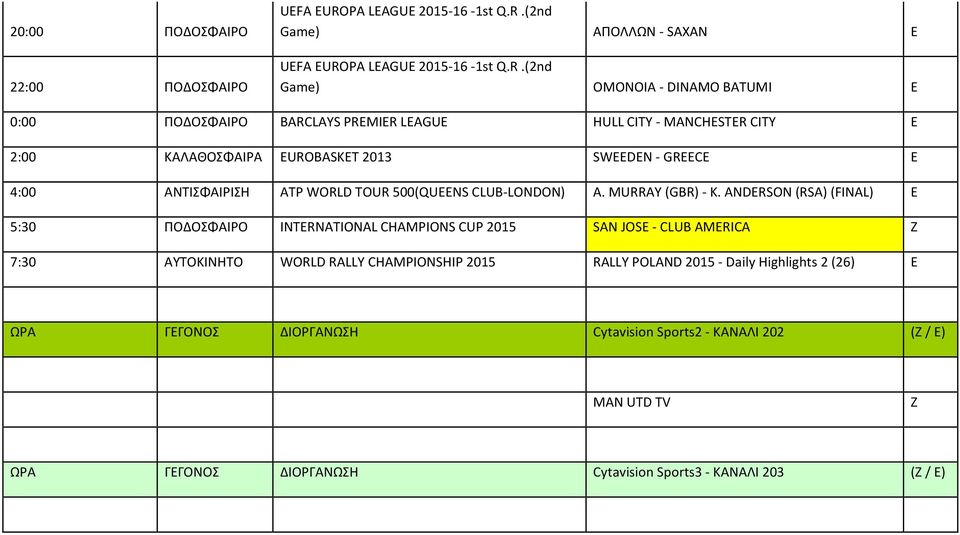 (2nd Game) ΑΠΟΛΛΩΝ SAXAN E UEFA EURO(2nd Game) OMONOIA DINAMO BATUMI E 0:00 ΠΟΔΟΣΦΑΙΡΟ BARCLAYS PREMIER LEAGUE HULL CITY MANCHESTER CITY E 2:00 ΚΑΛΑΘΟΣΦΑΙΡΑ EUROBASKET