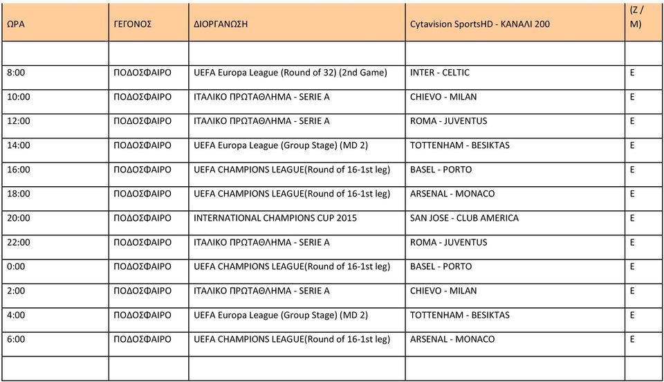 PORTO E 18:00 ΠΟΔΟΣΦΑΙΡΟ UEFA CHAMPIONS LEAGUE(Round of 16 1st leg) ARSENAL MONACO E 20:00 ΠΟΔΟΣΦΑΙΡΟ INTERNATIONAL CHAMPIONS CUP 2015 SAN JOSE CLUB AMERICA E 22:00 ΠΟΔΟΣΦΑΙΡΟ ΙΤΑΛΙΚΟ ΠΡΩΤΑΘΛΗΜΑ