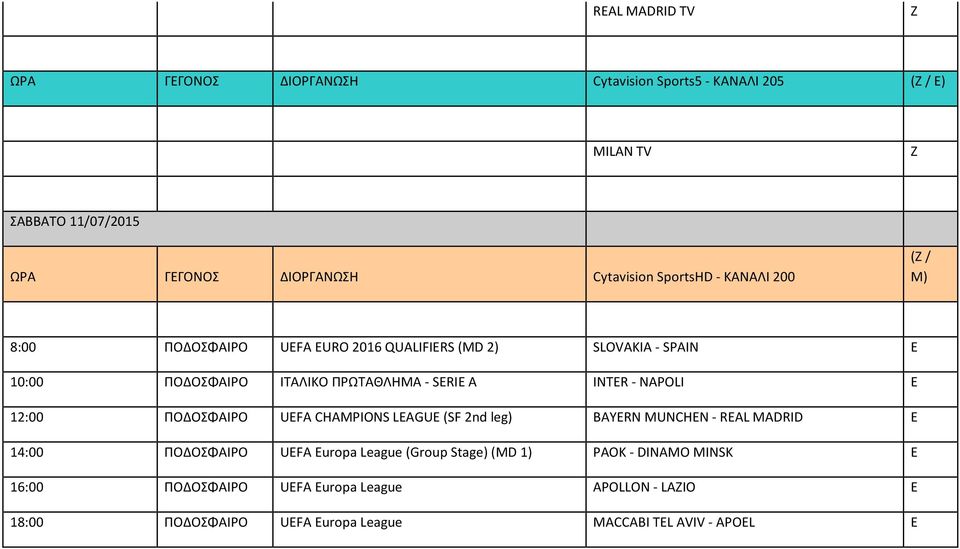 INTER NAPOLI E 12:00 ΠΟΔΟΣΦΑΙΡΟ UEFA CHAMPIONS LEAGUE (SF 2nd leg) BAYERN MUNCHEN REAL MADRID E 14:00 ΠΟΔΟΣΦΑΙΡΟ UEFA Europa League (Group