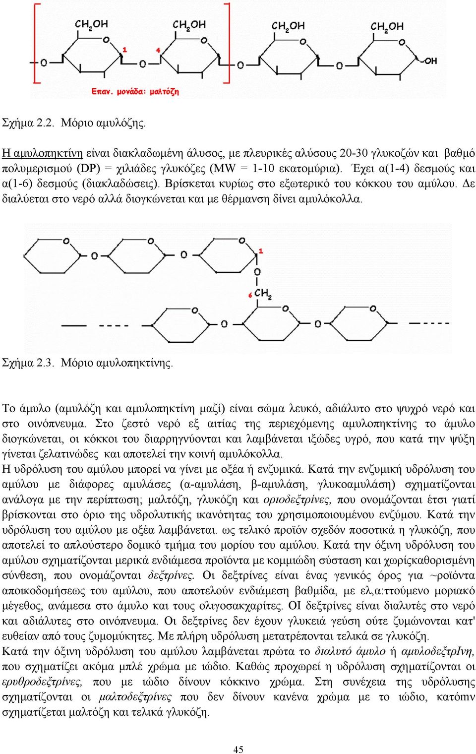 . Μόριο αµυλοπηκτίνης. Το άµυλο (αµυλόζη και αµυλοπηκτίνη µαζί) είναι σώµα λευκό, αδιάλυτο στο ψυχρό νερό και στο οινόπνευµα.