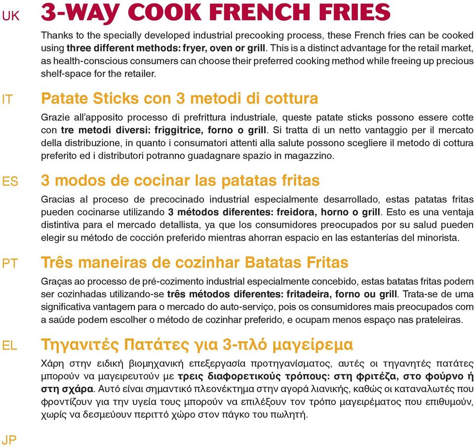 Patate Sticks con 3 metodi di cottura Grazie all apposito processo di prefrittura industriale, queste patate sticks possono essere cotte con tre metodi diversi: friggitrice, forno o grill.