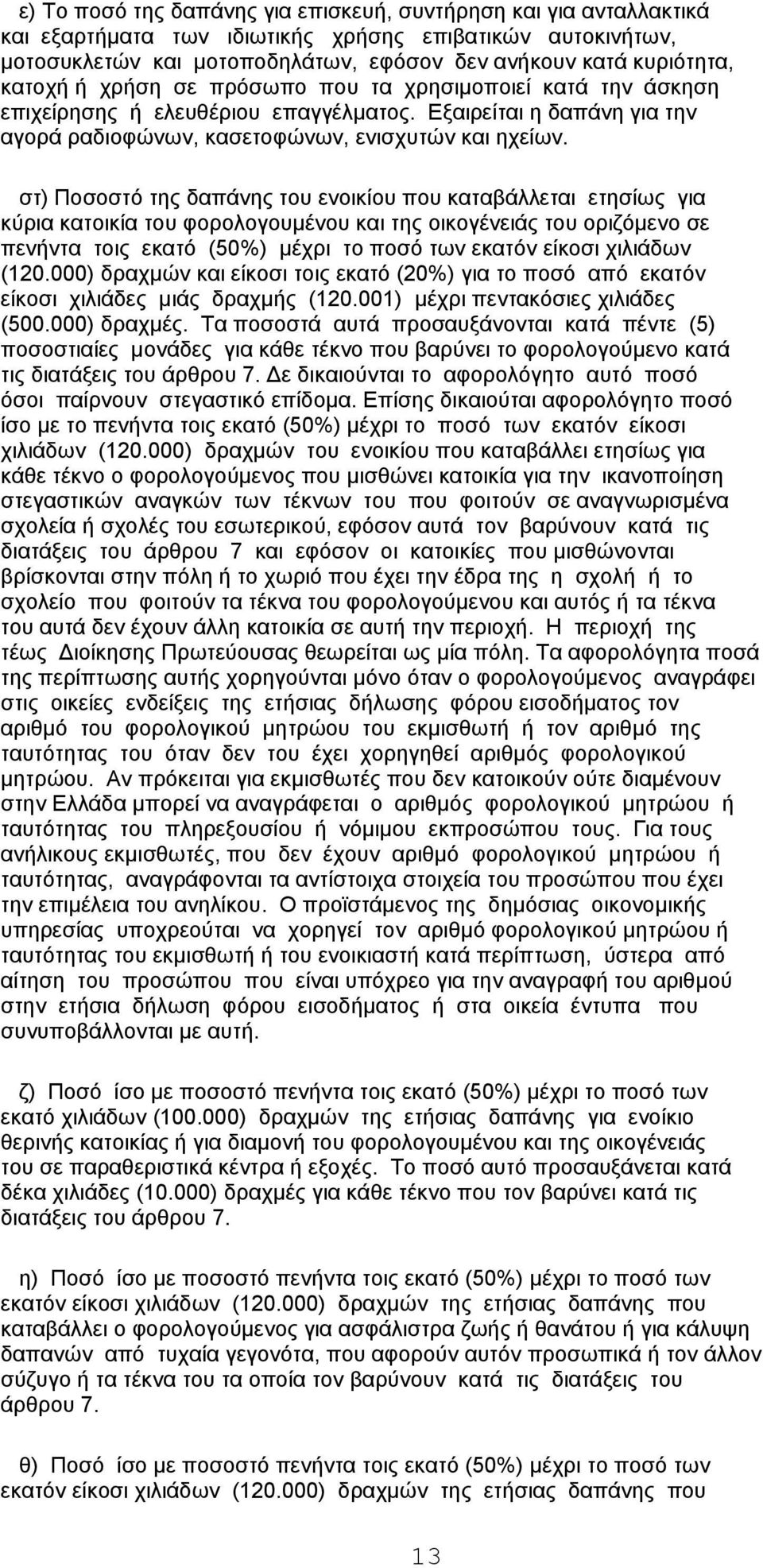 στ) Ποσοστό της δαπάνης του ενοικίου που καταβάλλεται ετησίως για κύρια κατοικία του φορολογουμένου και της οικογένειάς του οριζόμενο σε πενήντα τοις εκατό (50%) μέχρι το ποσό των εκατόν είκοσι