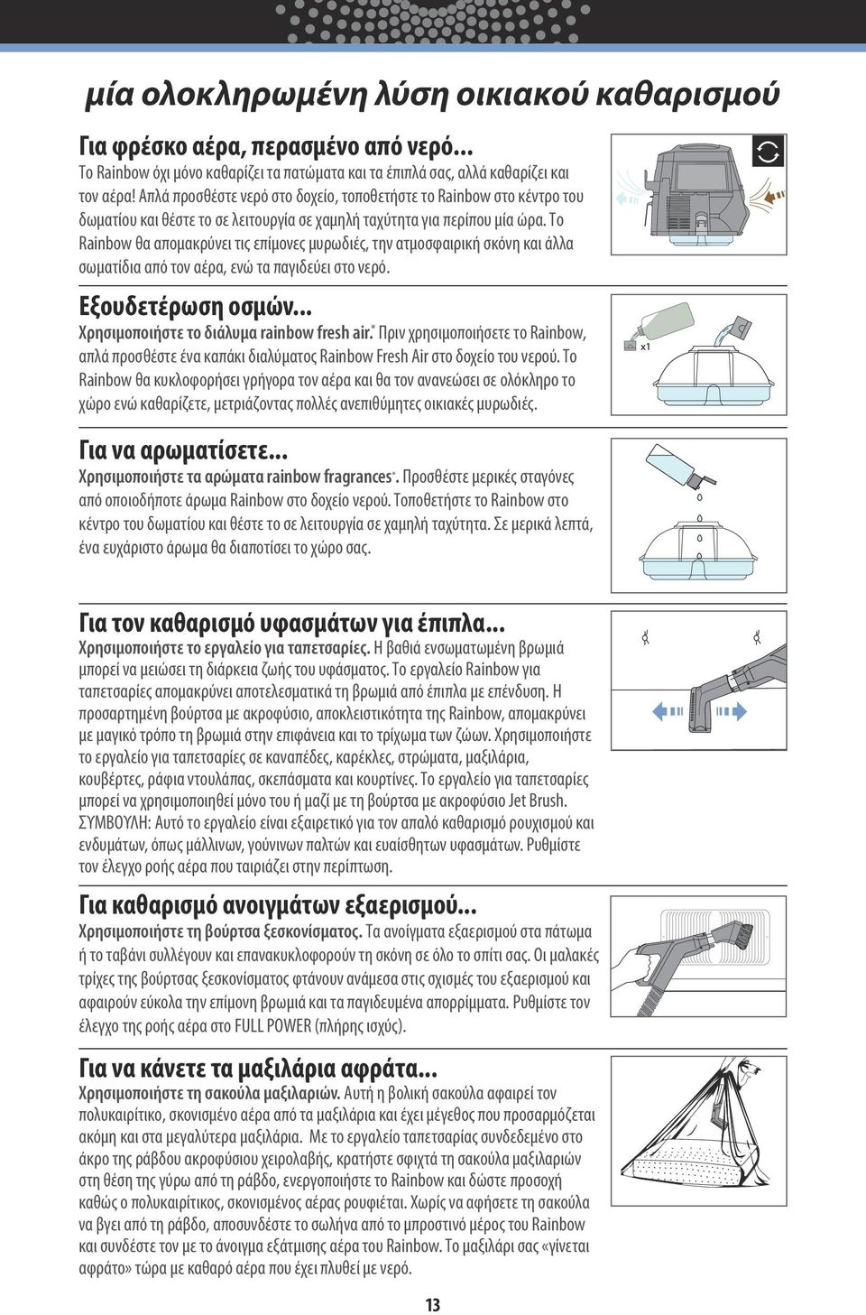 Το Rainbow θα απομακρύνει τις επίμονες μυρωδιές, την ατμοσφαιρική σκόνη και άλλα σωματίδια από τον αέρα, ενώ τα παγιδεύει στο νερό. Εξουδετέρωση οσμών... Χρησιμοποιήστε το διάλυμα rainbow fresh air.