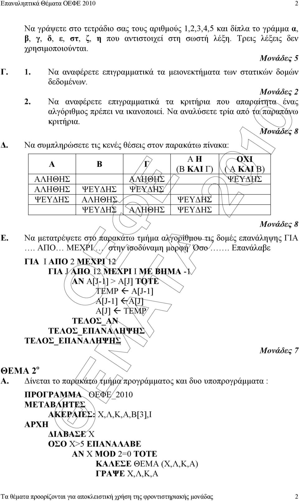 . Να συµπληρώσετε τις κενές θέσεις στον παρακάτω πίνακα: Α Β Γ Α Η ΟΧΙ (Β ΚΑΙ Γ) ( Α ΚΑΙ Β) ΑΛΗΘΗΣ ΑΛΗΘΗΣ ΨΕΥ ΗΣ ΑΛΗΘΗΣ ΨΕΥ ΗΣ ΨΕΥ ΗΣ ΨΕΥ ΗΣ ΑΛΗΘΗΣ ΨΕΥ ΗΣ ΨΕΥ ΗΣ ΑΛΗΘΗΣ ΨΕΥ ΗΣ Ε.