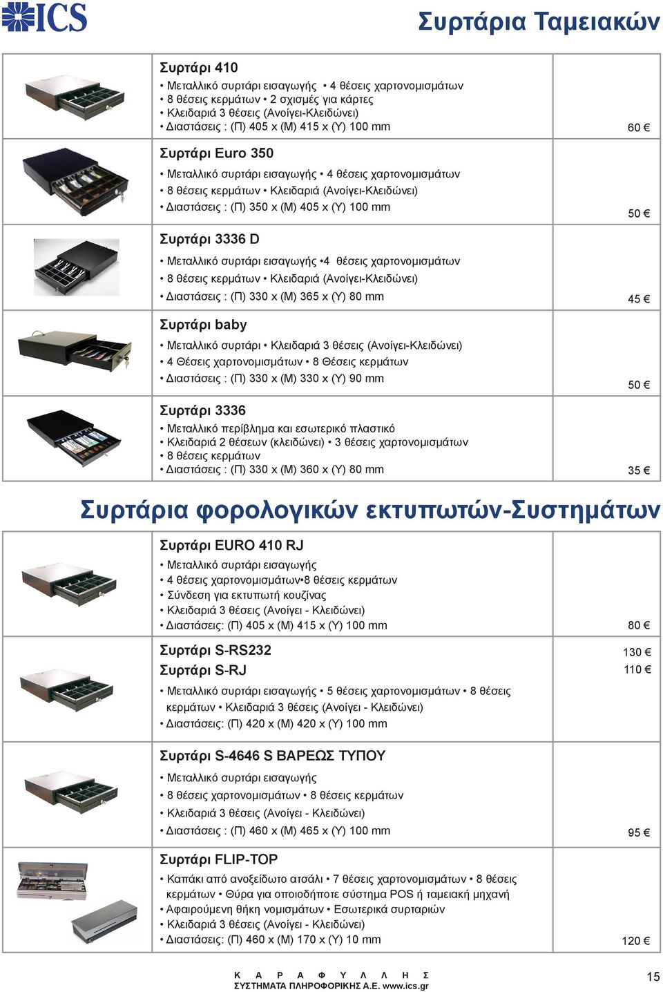 συρτάρι εισαγωγής 4 θέσεις χαρτονομισμάτων 8 θέσεις κερμάτων Κλειδαριά (Ανοίγει-Κλειδώνει) Διαστάσεις : (Π) 330 x (Μ) 365 x (Υ) 80 mm 45 Συρτάρι baby Μεταλλικό συρτάρι Κλειδαριά 3 θέσεις
