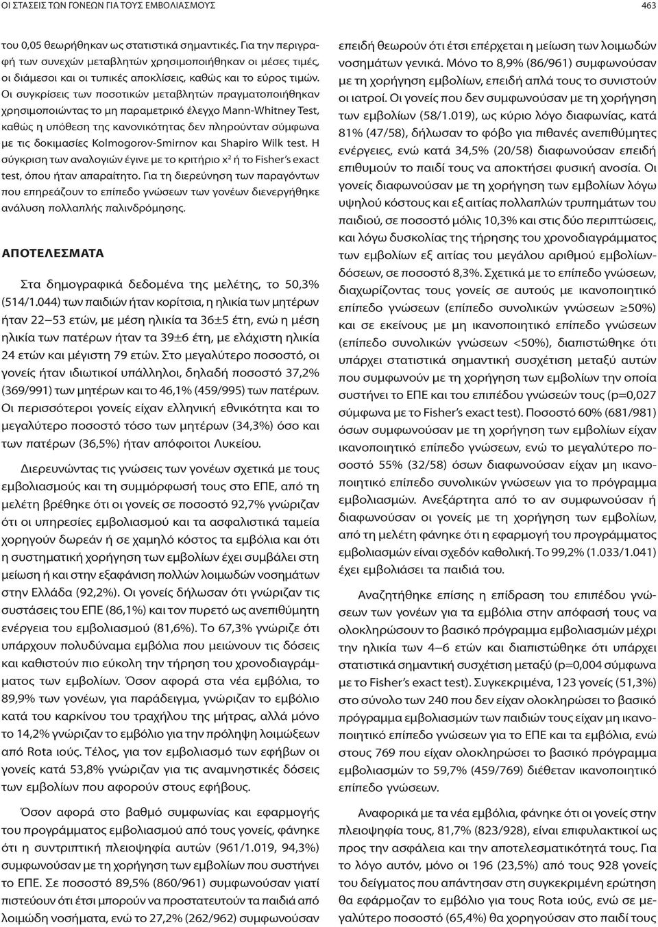 Οι συγκρίσεις των ποσοτικών μεταβλητών πραγματοποιήθηκαν χρησιμοποιώντας το μη παραμετρικό έλεγχο Mann-Whitney Test, καθώς η υπόθεση της κανονικότητας δεν πληρούνταν σύμφωνα με τις δοκιμασίες