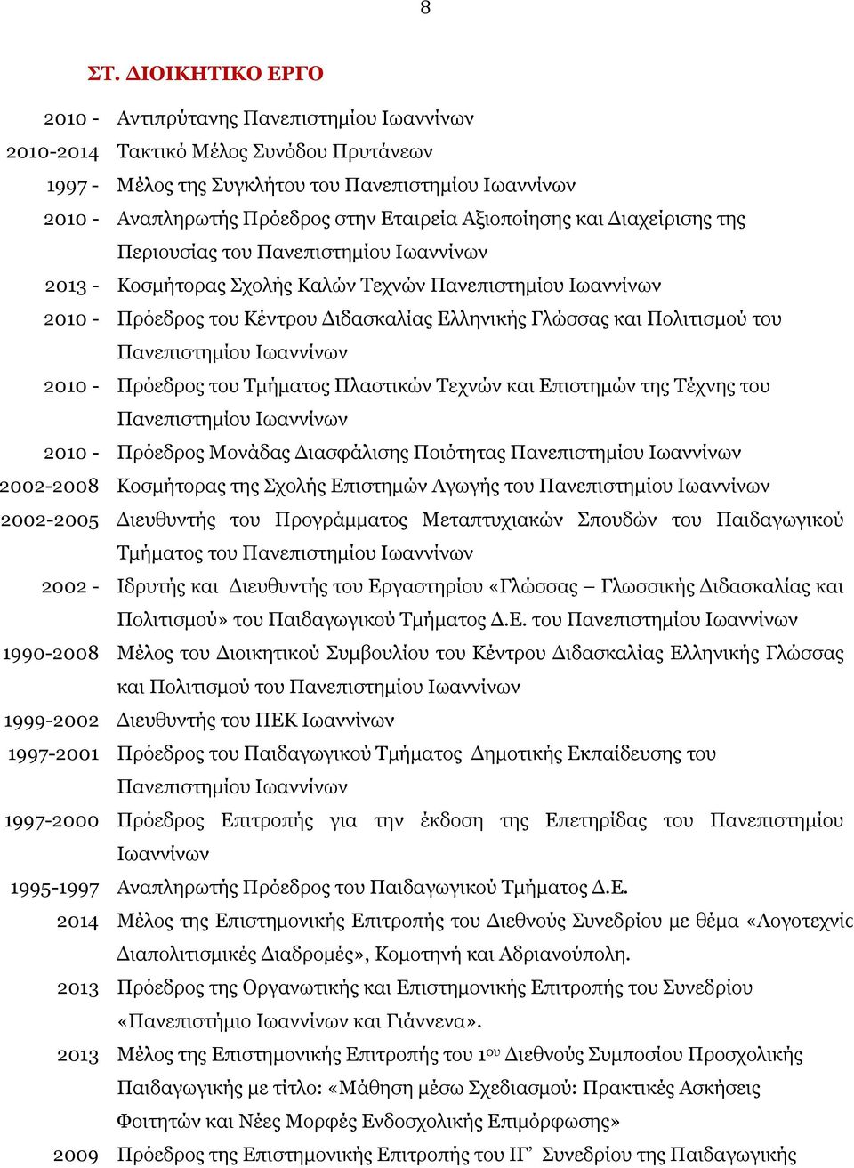 και Πολιτισμού του Πανεπιστημίου Ιωαννίνων 2010 - Πρόεδρος του Τμήματος Πλαστικών Τεχνών και Επιστημών της Τέχνης του Πανεπιστημίου Ιωαννίνων 2010 - Πρόεδρος Μονάδας Διασφάλισης Ποιότητας