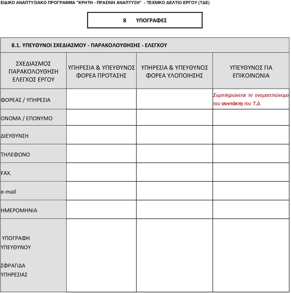 ΠΡΟΤΑΣΗΣ ΥΠΗΡΕΣΙΑ & ΥΠΕΥΘΥΝΟΣ ΦΟΡΕΑ ΥΛΟΠΟΙΗΣΗΣ ΥΠΕΥΘΥΝΟΣ ΓΙΑ ΕΠΙΚΟΙΝΩΝΙΑ ΦΟΡΕΑΣ / ΥΠΗΡΕΣΙΑ Συµπληρώνεται το