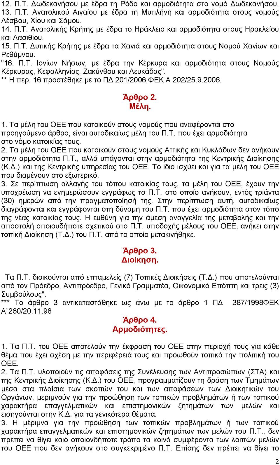 ** Ζ πεξ. 16 πξνζηέζεθε κε ην ΠΓ 201/2006,ΦΔΚ Α 202/25.9.2006. Άπθπο 2. Μέλη. 1. Σα κέιε ηνπ ΟΔΔ πνπ θαηνηθνύλ ζηνπο λνκνύο πνπ αλαθέξνληαη ζην πξνεγνύκελν άξζξν, είλαη απηνδηθαίσο κέιε ηνπ Π.Σ. πνπ έρεη αξκνδηόηεηα ζην λόκν θαηνηθίαο ηνπο.