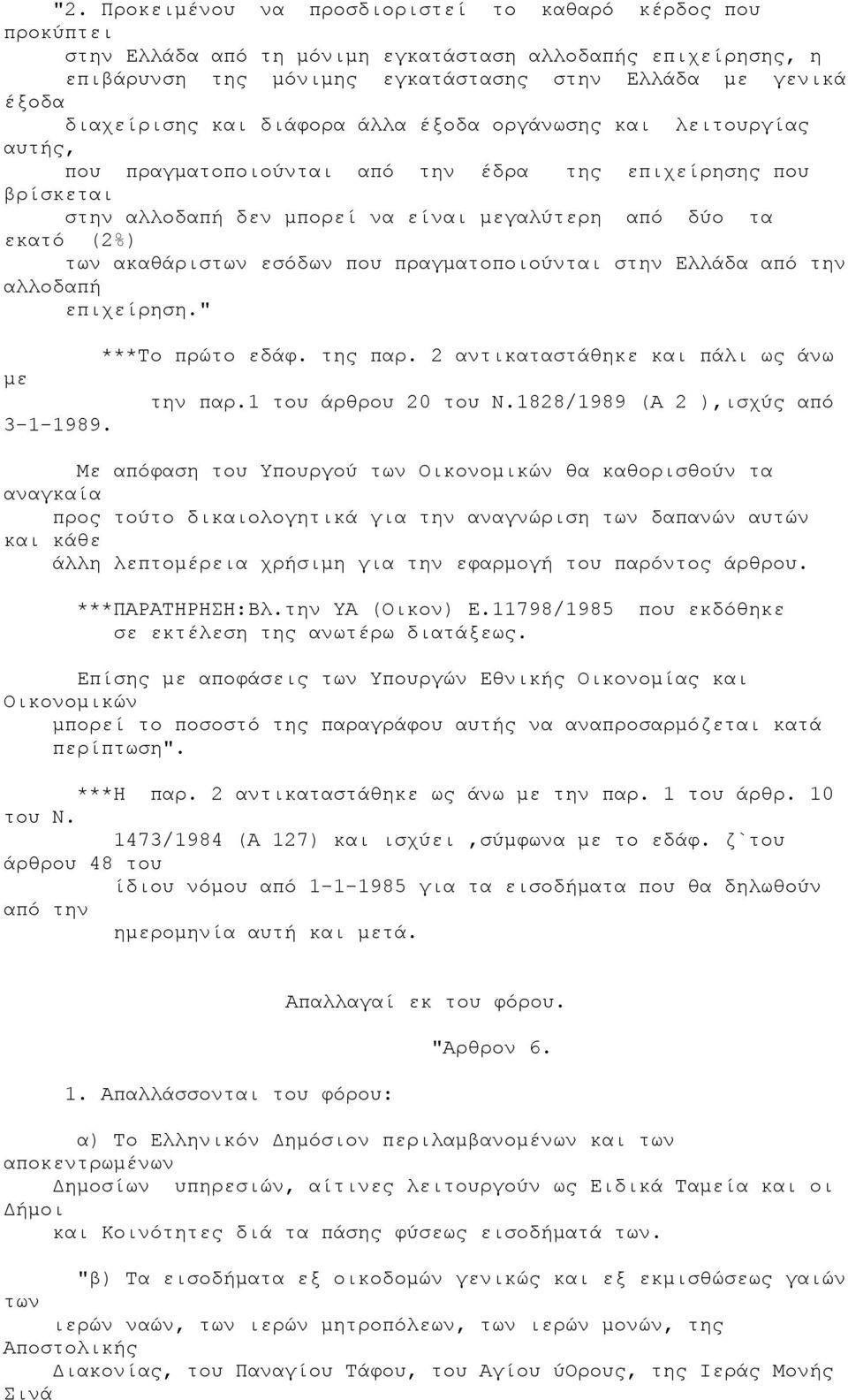 των ακαθάριστων εσόδων που πραγματοποιούνται στην Ελλάδα από την αλλοδαπή επιχείρηση." με 3-1-1989. ***Το πρώτο εδάφ. της παρ. 2 αντικαταστάθηκε και πάλι ως άνω την παρ.1 του άρθρου 20 του Ν.