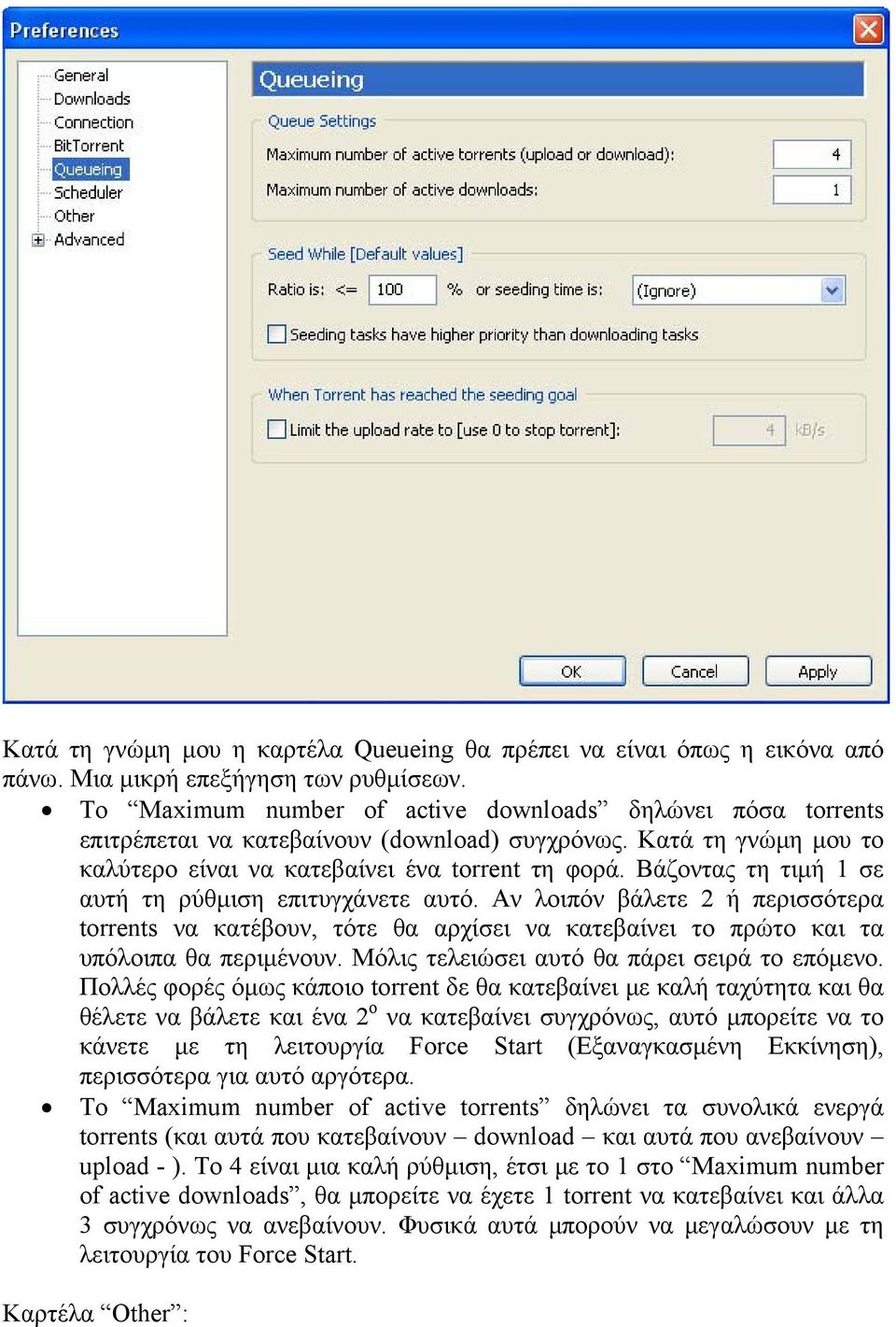 Βάζοντας τη τιμή 1 σε αυτή τη ρύθμιση επιτυγχάνετε αυτό. Αν λοιπόν βάλετε 2 ή περισσότερα torrents να κατέβουν, τότε θα αρχίσει να κατεβαίνει το πρώτο και τα υπόλοιπα θα περιμένουν.