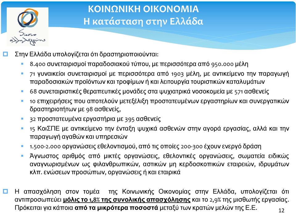 θεραπευτικές μονάδες στα ψυχιατρικά νοσοκομεία με 571 ασθενείς 10 επιχειρήσεις που αποτελούν μετεξέλιξη προστατευμένων εργαστηρίων και συνεργατικών δραστηριοτήτων με 98 ασθενείς, 32 προστατευμένα