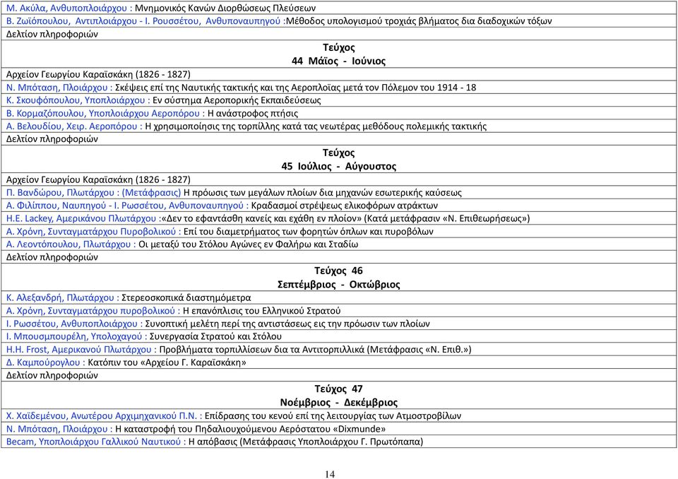 Μπόταση, Πλοιάρχου : Σκέψεις επί της Ναυτικής τακτικής και της Αεροπλοϊας μετά τον Πόλεμον του 1914-18 Κ. Σκουφόπουλου, Υποπλοιάρχου : Εν σύστημα Αεροπορικής Εκπαιδεύσεως Β.