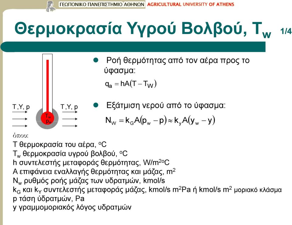 θερμότητας, W/m 2o C A επιφάνεια εναλλαγής θερμότητας και μάζας, m 2 Ν ρυθμός ροής μάζας των υδρατμών, kmol/ k G και