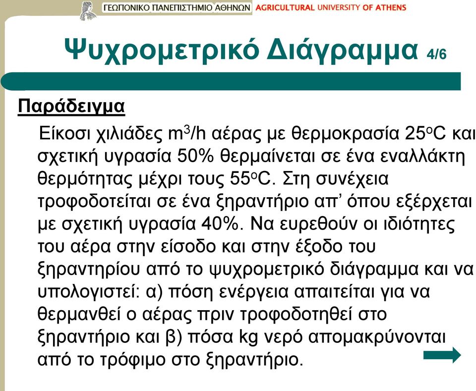 Να ευρεθούν οι ιδιότητες του αέρα στην είσοδο και στην έξοδο του ξηραντηρίου από το ψυχρομετρικό διάγραμμα και να υπολογιστεί: α) πόση