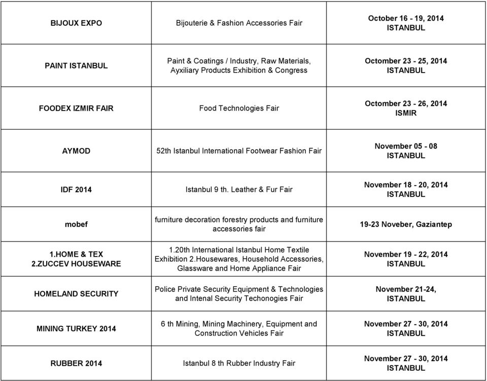 Leather & Fur Fair November 18-20, 2014 mobef furniture decoration forestry products and furniture accessories fair 19-23 Noveber, Gaziantep 1.HOME & TEX 2.ZUCCEV HOUSEWARE HOMELAND SECURITY 1.