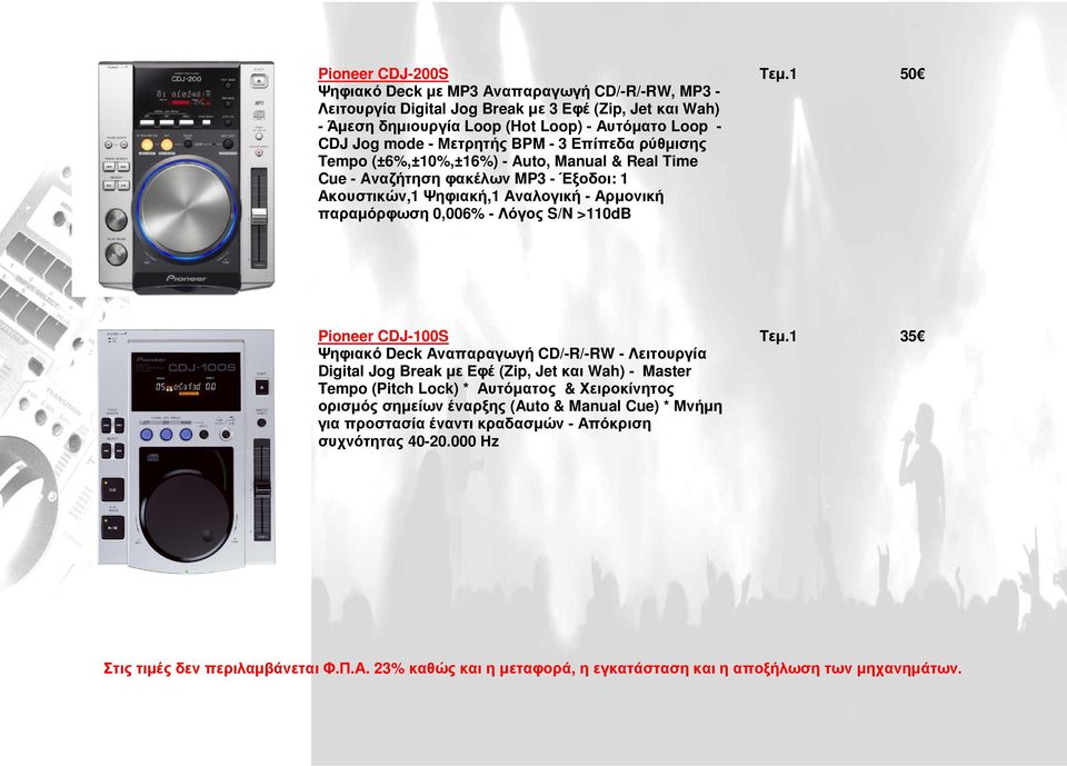 1 50 Pioneer CDJ-100S Ψηφιακό Deck Αναπαραγωγή CD/-R/-RW - Λειτουργία Digital Jog Break µε Εφέ (Zip, Jet και Wah) - Master Tempo (Pitch Lock) * Αυτόµατος & Χειροκίνητος ορισµός σηµείων έναρξης (Auto