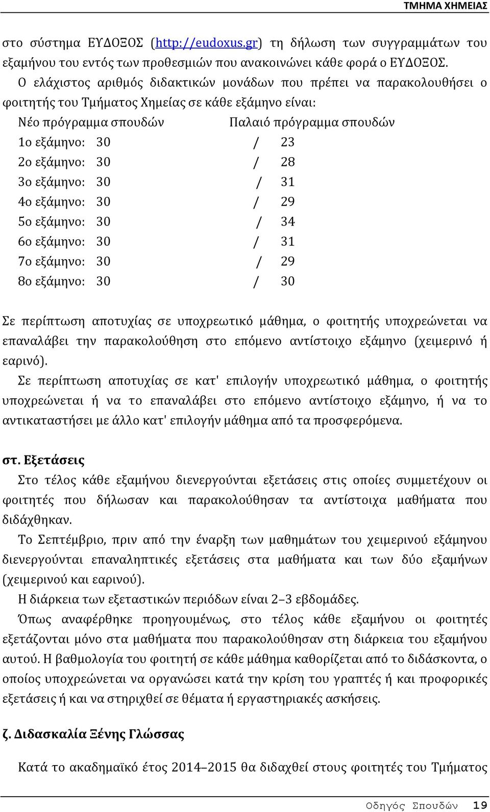 εξάμηνο: 30 / 28 3ο εξάμηνο: 30 / 31 4ο εξάμηνο: 30 / 29 5ο εξάμηνο: 30 / 34 6ο εξάμηνο: 30 / 31 7ο εξάμηνο: 30 / 29 8ο εξάμηνο: 30 / 30 Σε περίπτωση αποτυχίας σε υποχρεωτικό μάθημα, ο φοιτητής