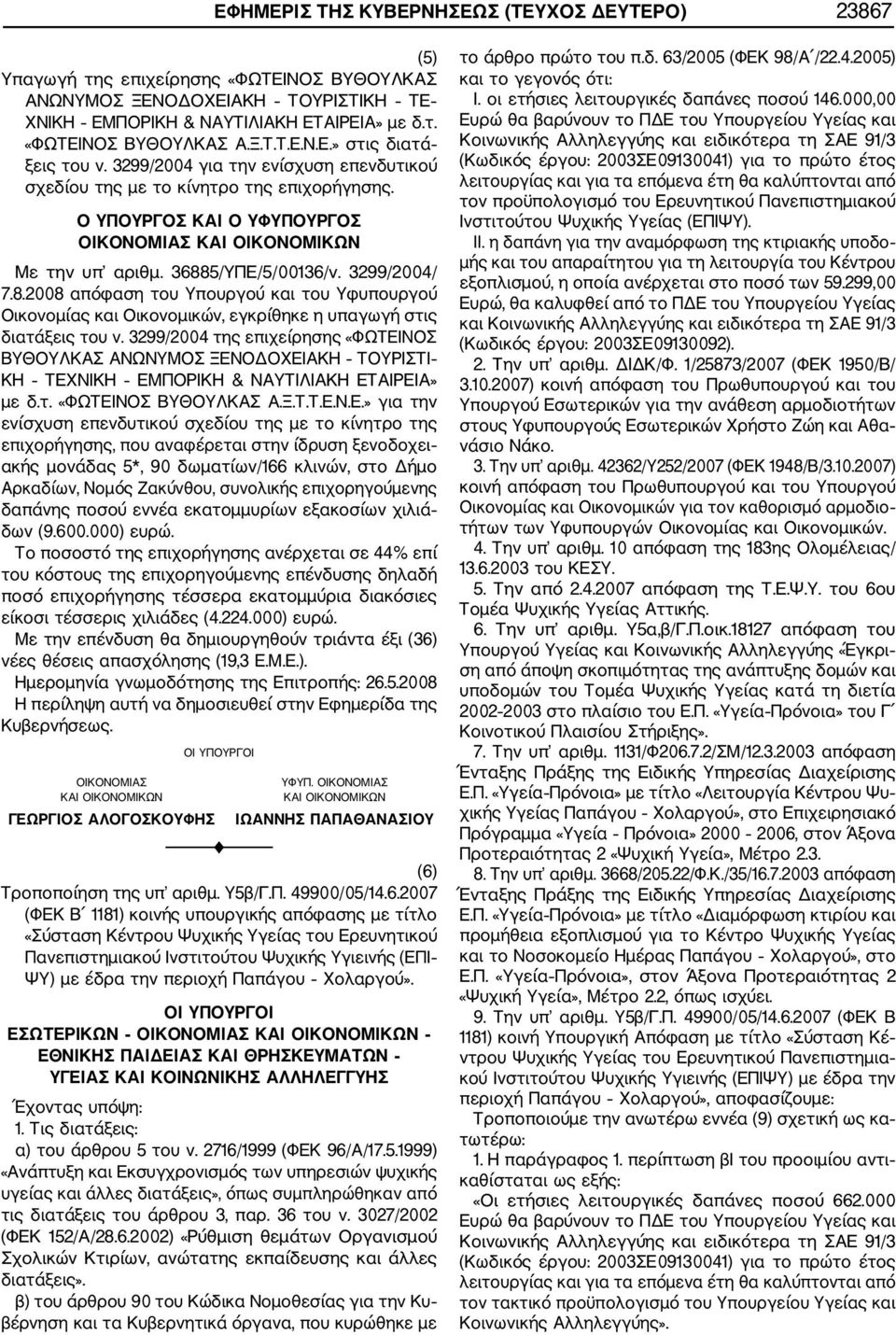 5/ΥΠΕ/5/00136/ν. 3299/2004/ 7.8.2008 απόφαση του Υπουργού και του Υφυπουργού Οικονομίας και Οικονομικών, εγκρίθηκε η υπαγωγή στις διατάξεις του ν.