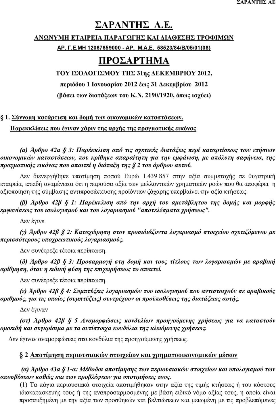 Παρεκκλίσεις που έγιναν χάριν της αρχής της πραγματικής εικόνας (α) Άρθρο 42α 3: Παρέκκλιση από τις σχετικές διατάξεις περί καταρτίσεως των ετήσιων οικονομικών καταστάσεων, που κρίθηκε απαραίτητη για