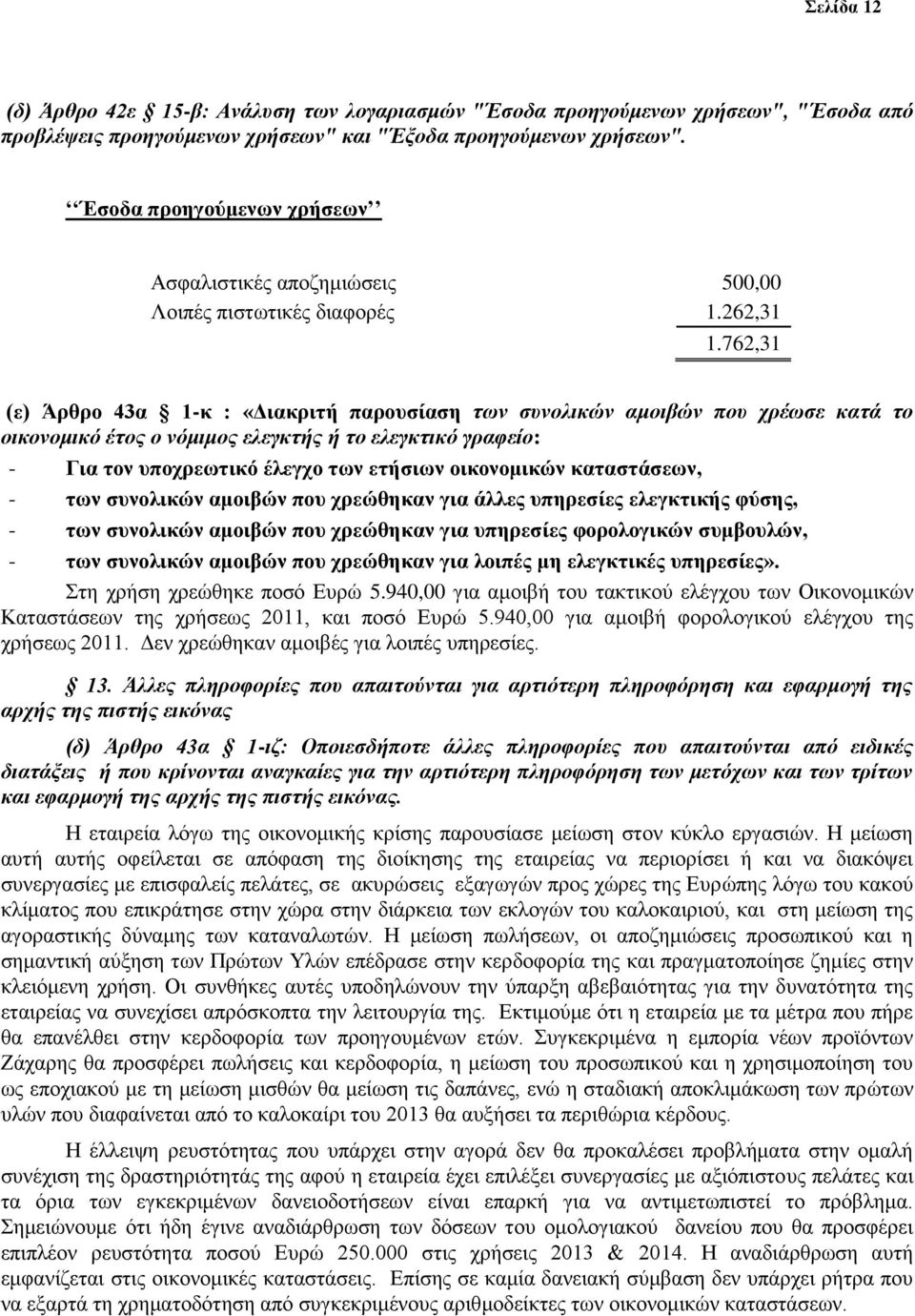 762,31 (ε) Άρθρο 43α 1-κ : «Διακριτή παρουσίαση των συνολικών αμοιβών που χρέωσε κατά το οικονομικό έτος ο νόμιμος ελεγκτής ή το ελεγκτικό γραφείο: - Για τον υποχρεωτικό έλεγχο των ετήσιων